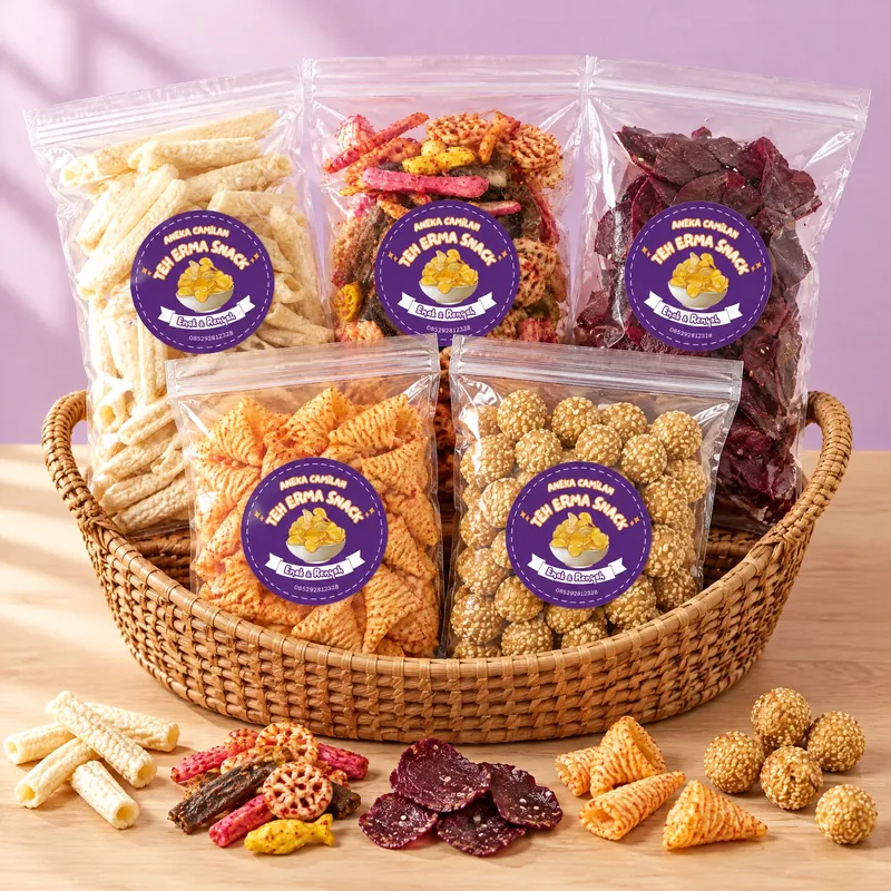 Kantong-kantong camilan Teh Erma Snack di dalam keranjang rotan