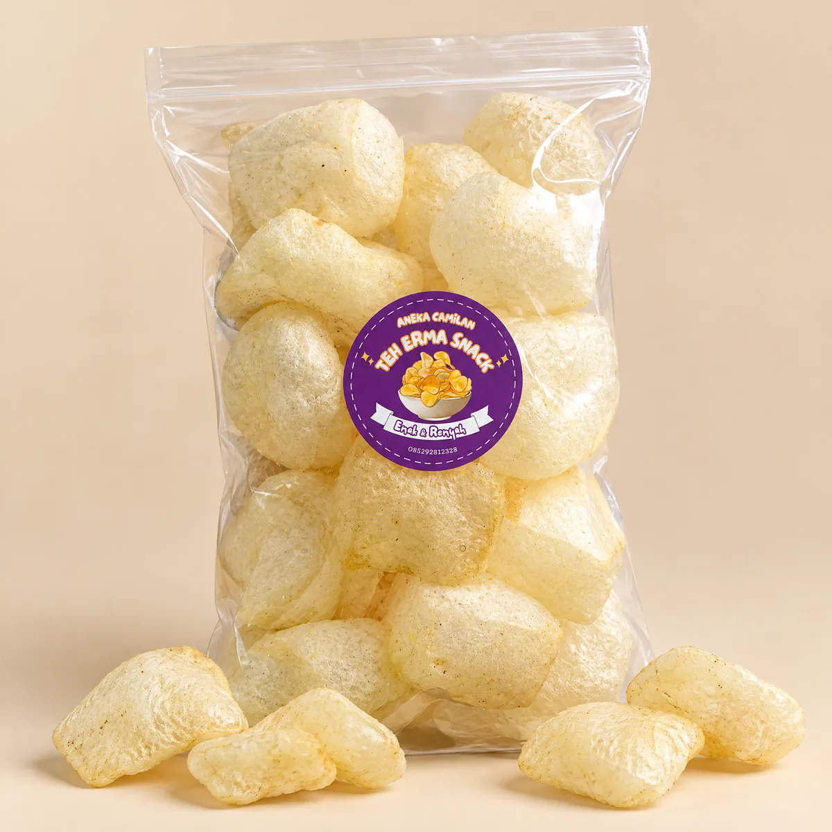 Kerupuk Kulit, kemasan kantong zip Teh Erma Snack