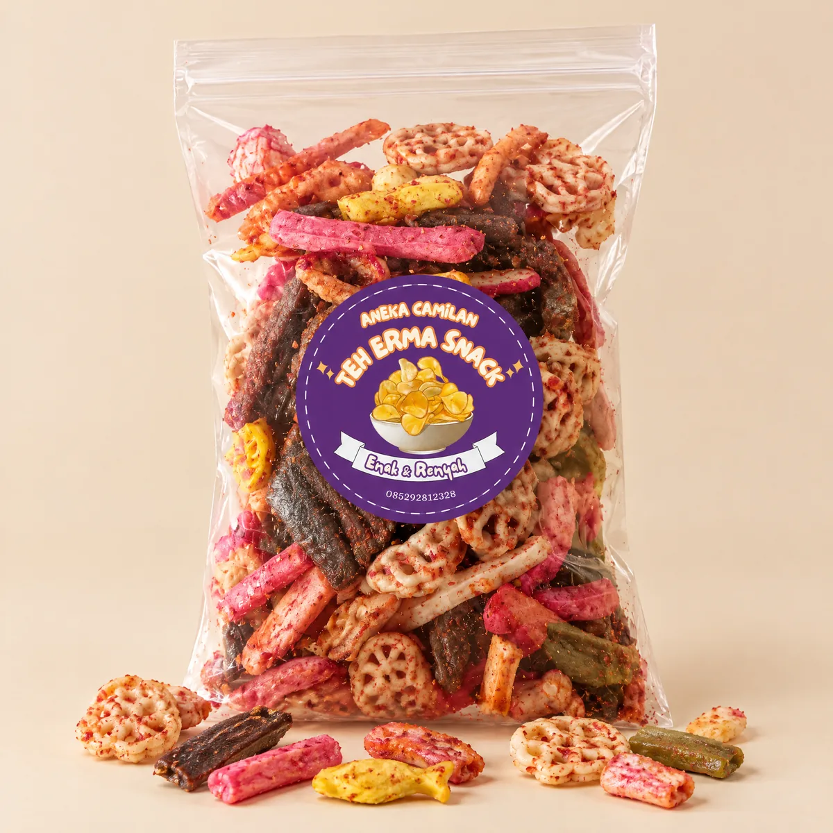 Kerupuk Seblak Mix, kemasan kantong zip Teh Erma Snack