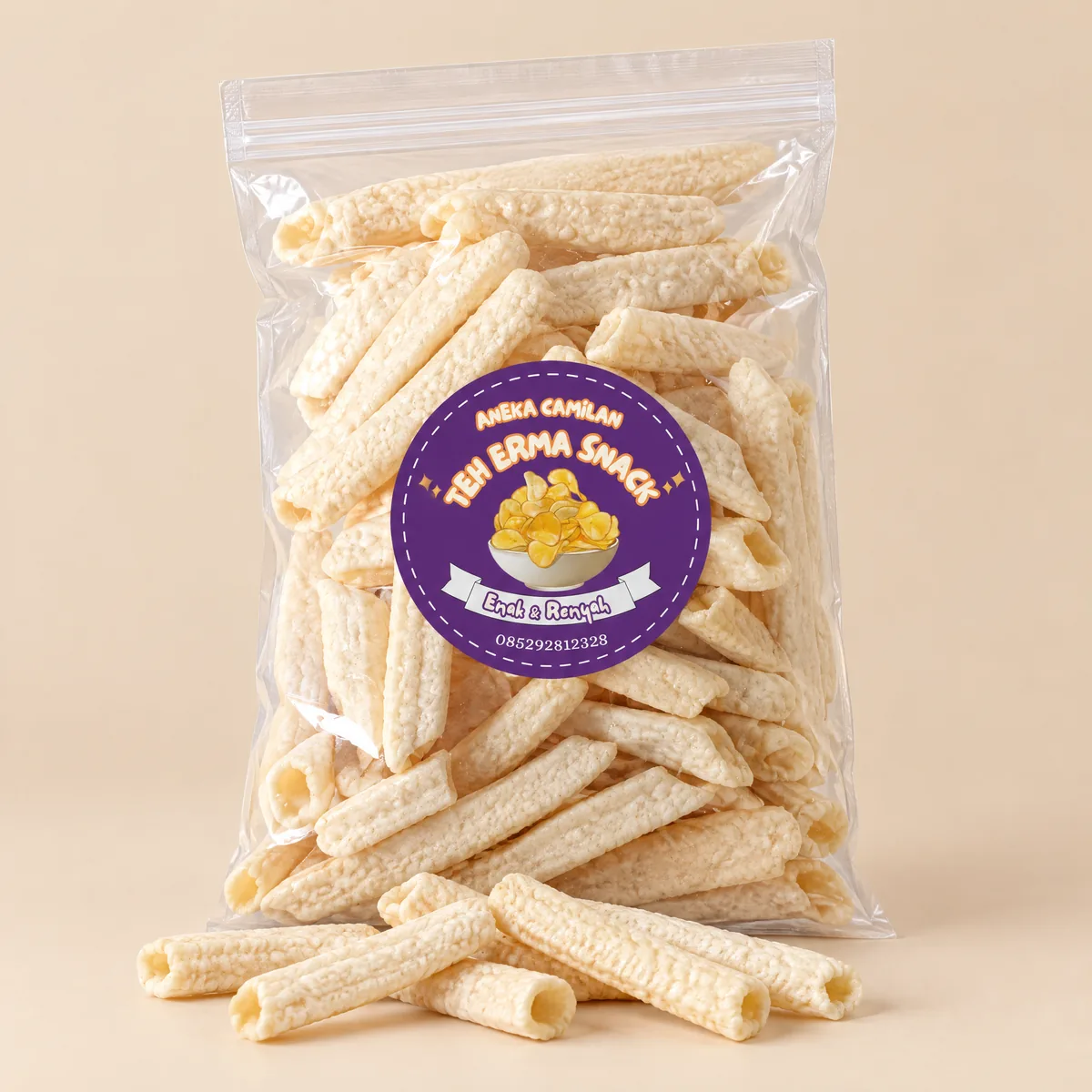 Potato Stik, kemasan kantong zip Teh Erma Snack